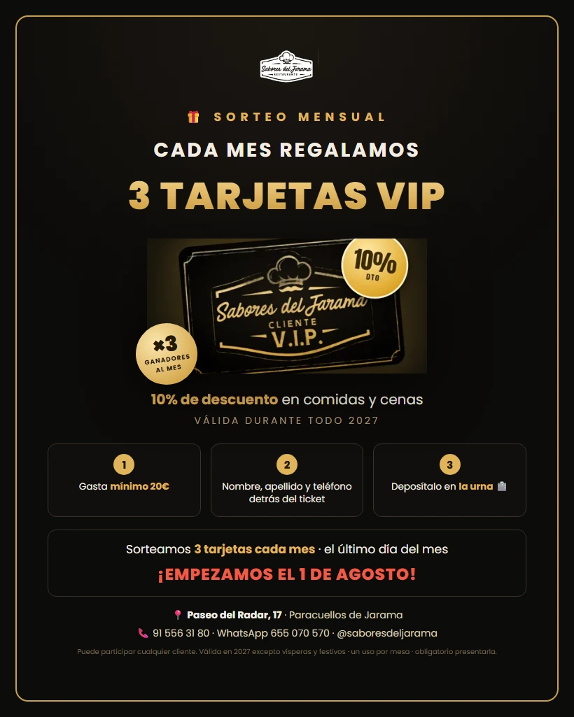 Sorteo mensual: cada mes regalamos 3 Tarjetas VIP con 10% de descuento en comidas y cenas. Empezamos el 1 de agosto